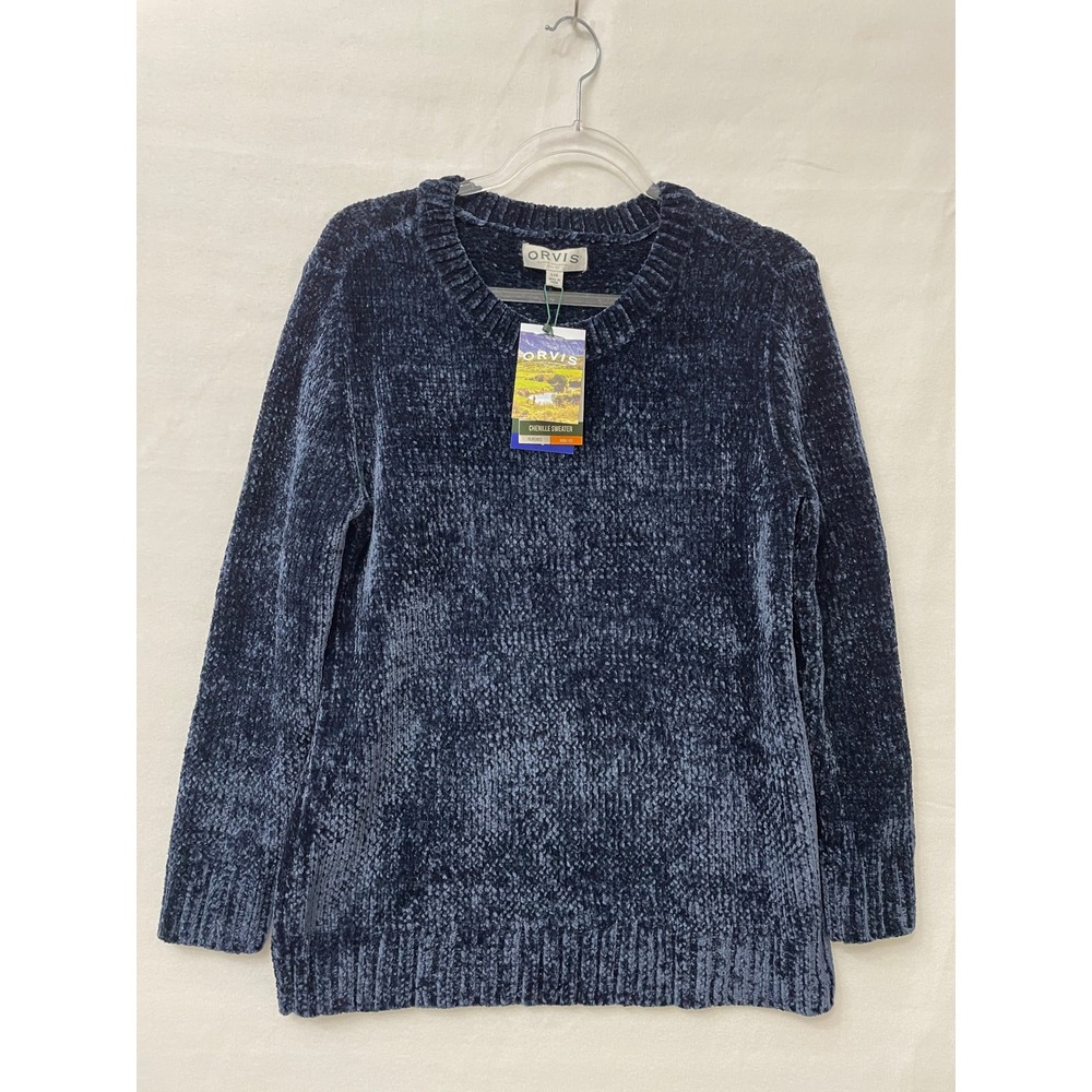 New Orvis Womens Chenille Sweater Large Navy Crew Neck Long Sleeve Soft Cozy